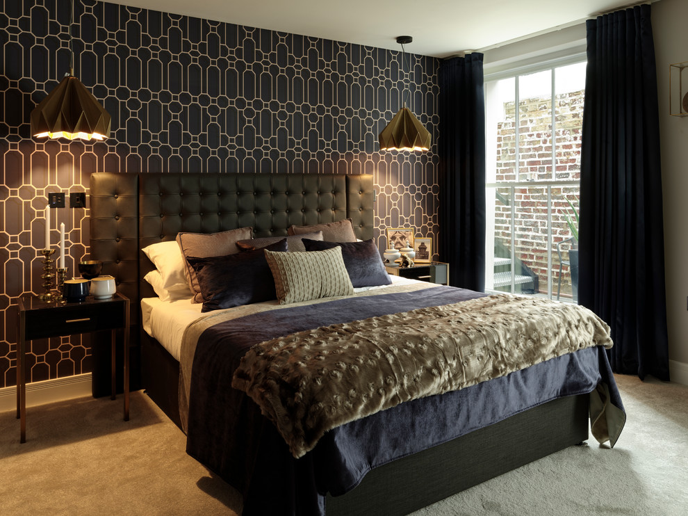 Mittelgroßes Modernes Schlafzimmer mit grauer Wandfarbe, Teppichboden und grauem Boden in London