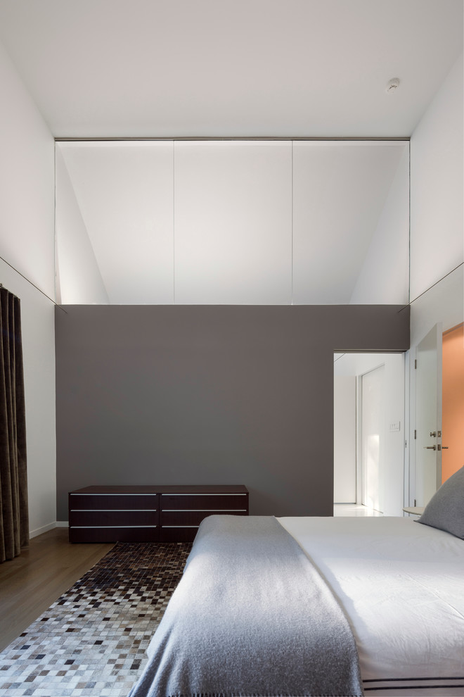 Inspiration for a large contemporary medium tone wood floor and brown floor bedroom remodel in San Francisco with gray walls
