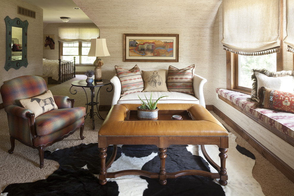 Bedroom - southwestern carpeted bedroom idea in Minneapolis with beige walls