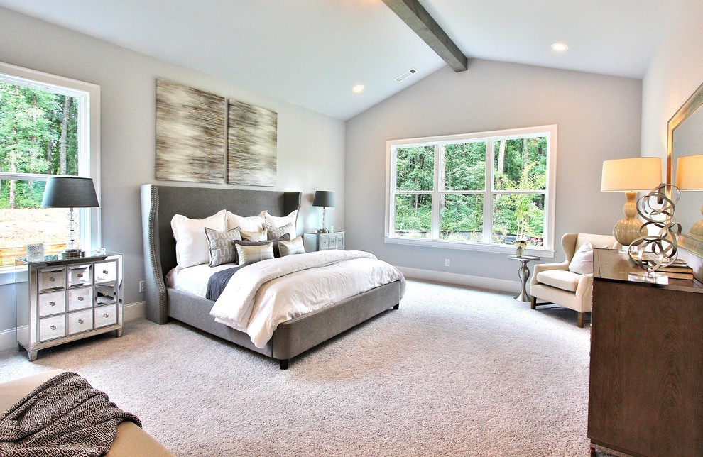 Example of a transitional carpeted and gray floor bedroom design in Atlanta with gray walls