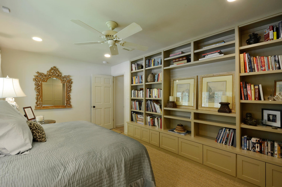 Elegant carpeted bedroom photo in Austin with white walls and no fireplace