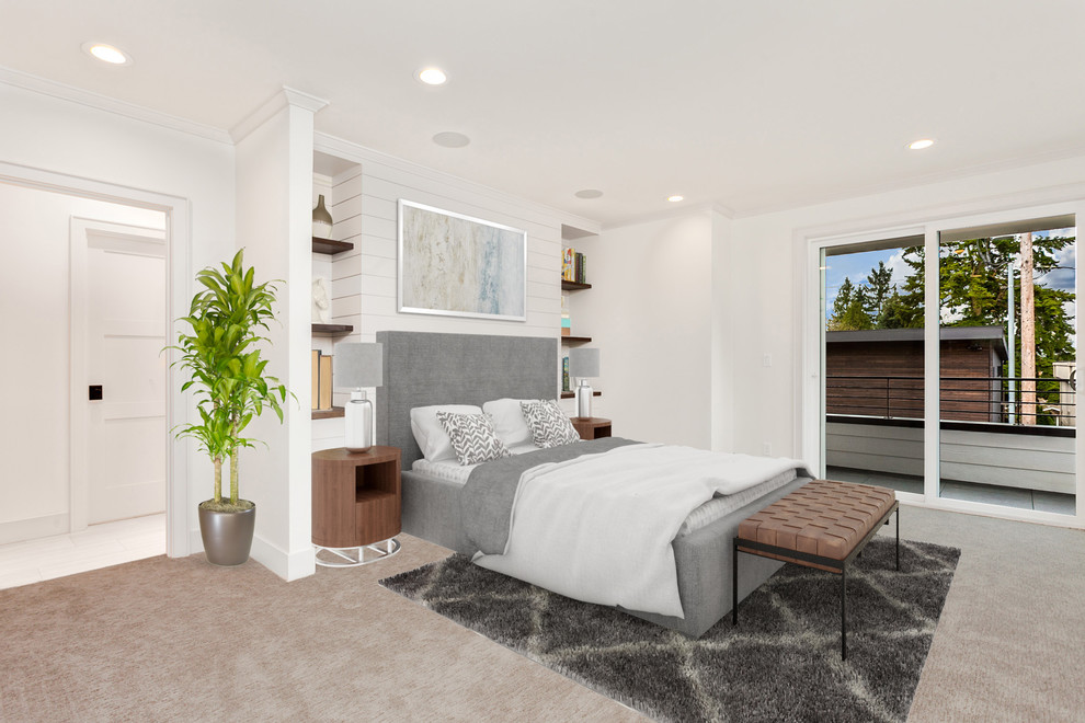 Свежая идея для дизайна: хозяйская спальня среднего размера в современном стиле с белыми стенами, ковровым покрытием и серым полом без камина - отличное фото интерьера