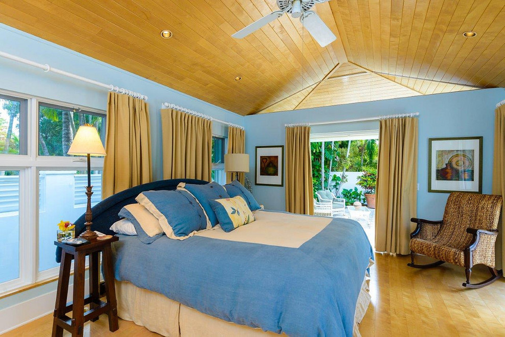 Inspiration for a medium sized world-inspired guest bedroom in Miami with blue walls and light hardwood flooring.