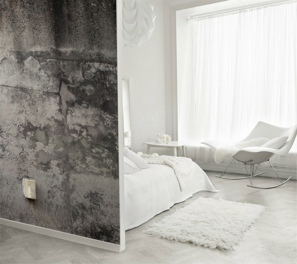 Inspiration för stora moderna gästrum, med grå väggar