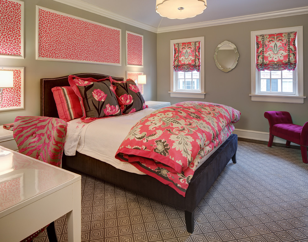 This is an example of a classic grey and pink bedroom in Chicago with grey walls and carpet.