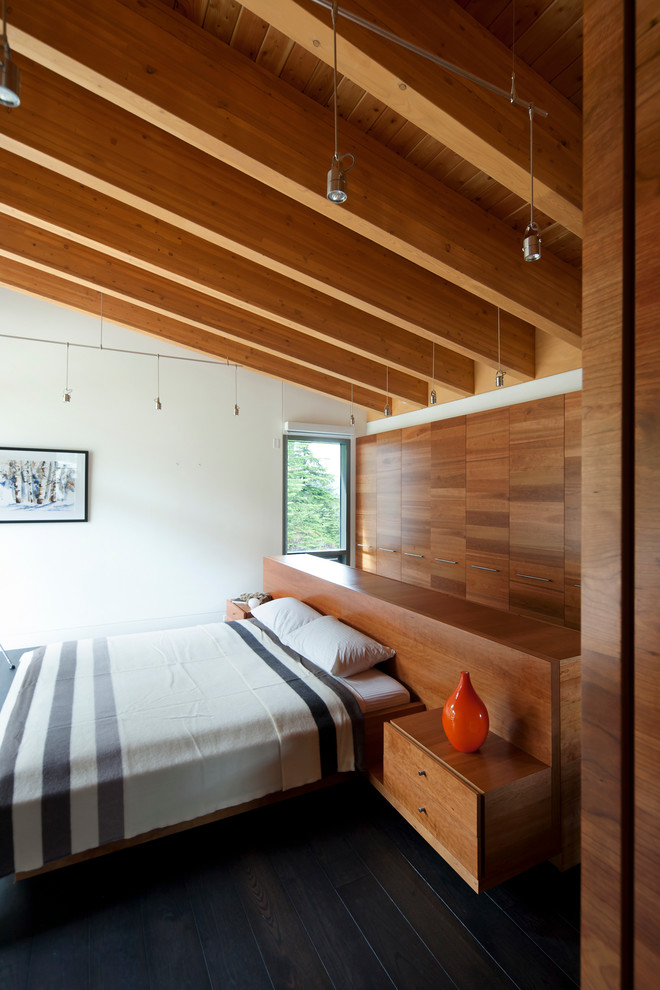 Пример оригинального дизайна: хозяйская спальня в стиле модернизм с белыми стенами и темным паркетным полом
