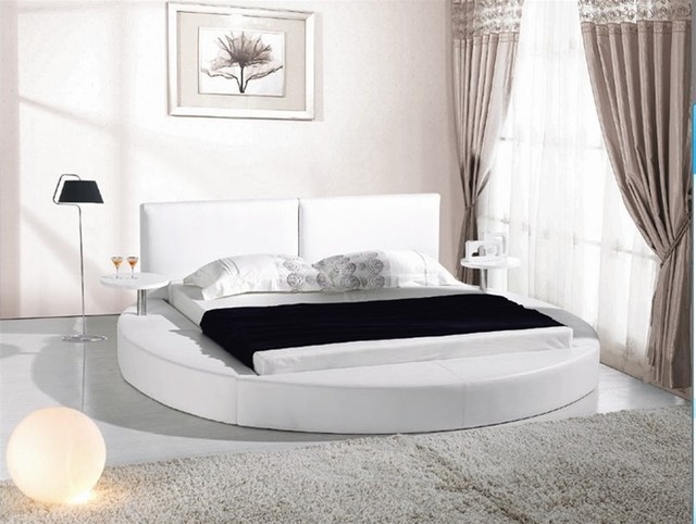 White Leather Queen Size Round Platform Bed With Two Attached Tables Contemporary Bedroom Los Angeles By Eurolux Furniture Houzz Uk White Leather Queen Size Round Platform, Queen Size Round Platform Bed