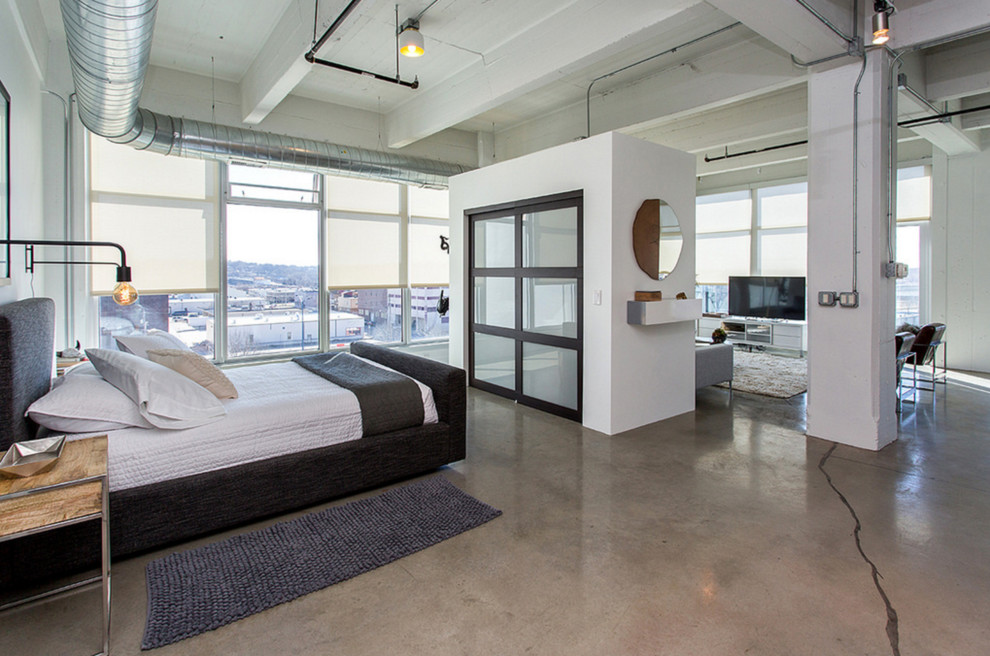Imagen de dormitorio principal moderno de tamaño medio sin chimenea con paredes blancas, suelo de cemento y suelo gris