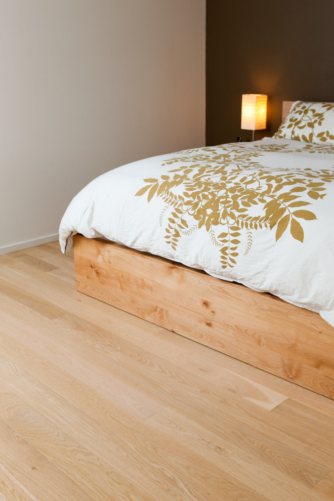 アルバカーキにあるおしゃれな客用寝室 (白い壁、淡色無垢フローリング、白い床) のレイアウト
