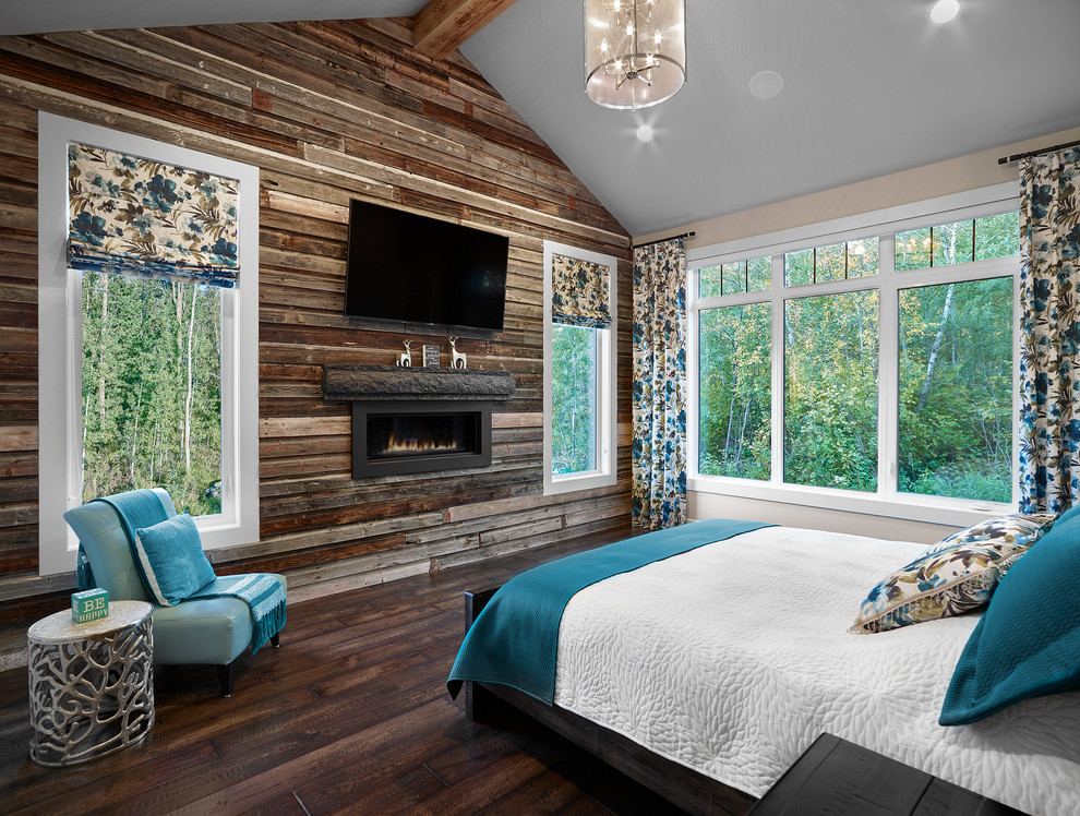 Bedroom - mid-sized rustic master carpeted bedroom idea in Vancouver with beige walls and a ribbon fireplace