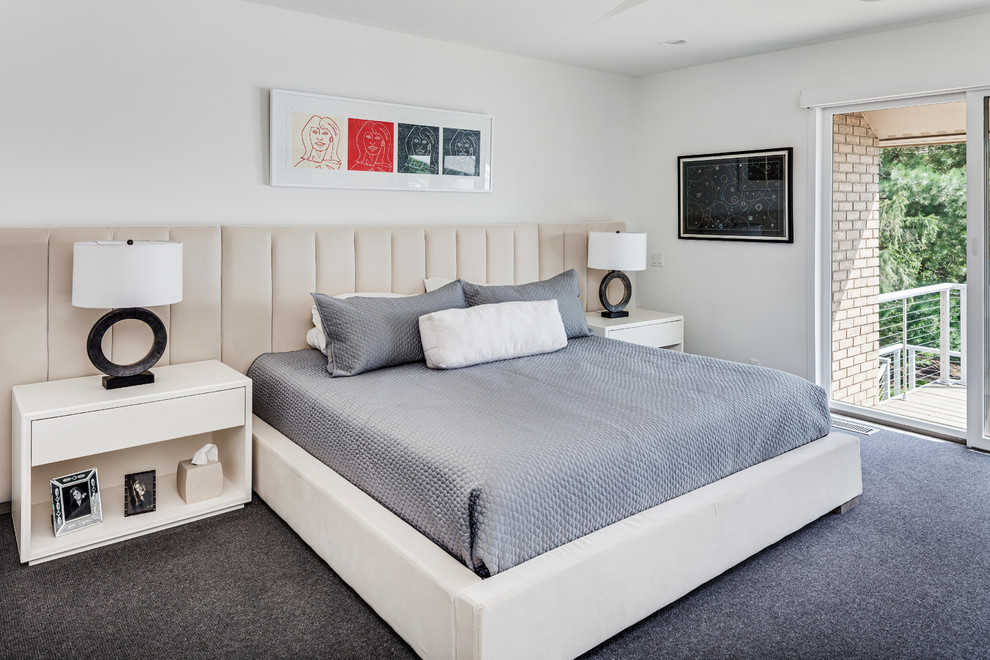 Exemple d'une chambre avec moquette tendance avec un mur blanc et un sol gris.