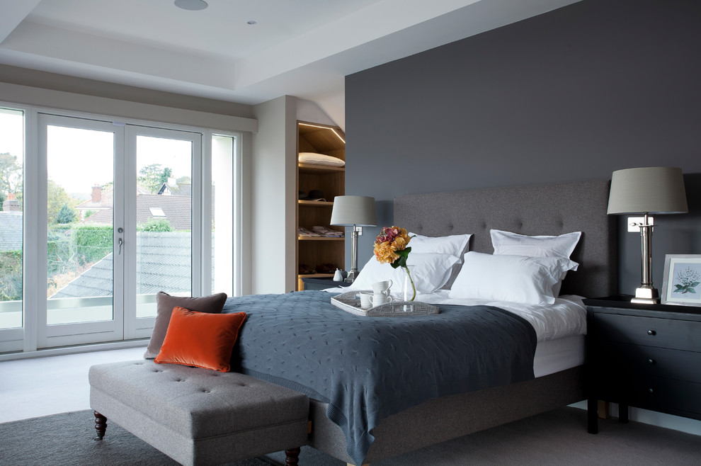 Example of a transitional bedroom design in Dublin