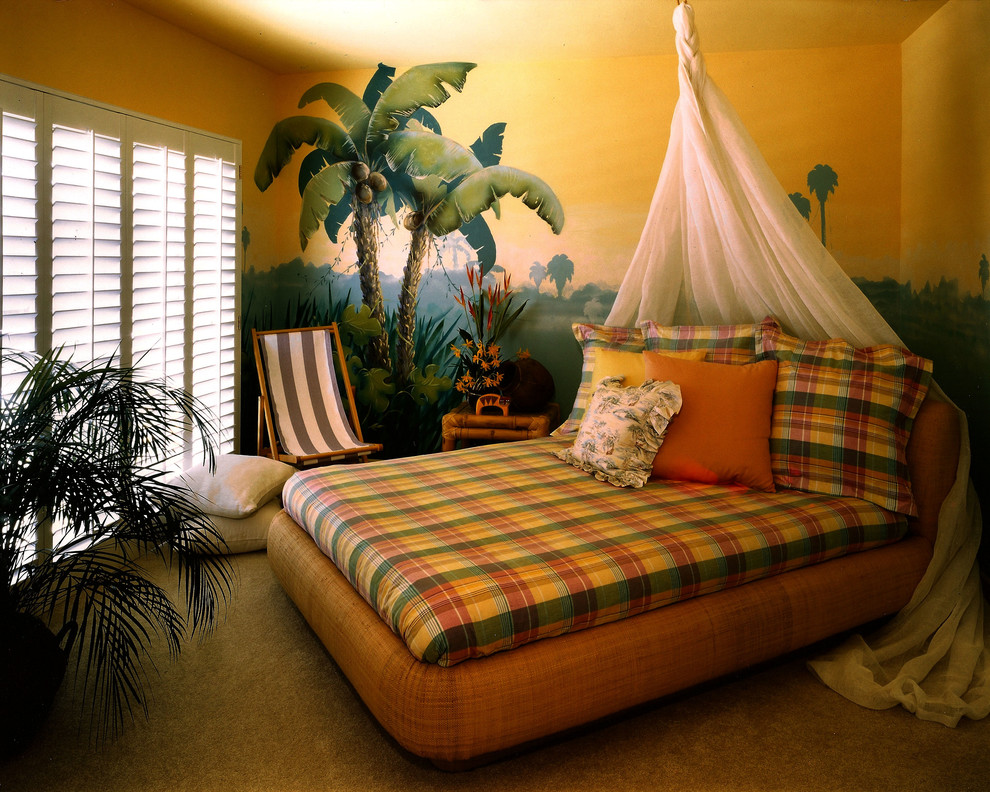 Inspiration for a medium sized nautical guest bedroom in Sacramento with yellow walls, carpet and no fireplace.