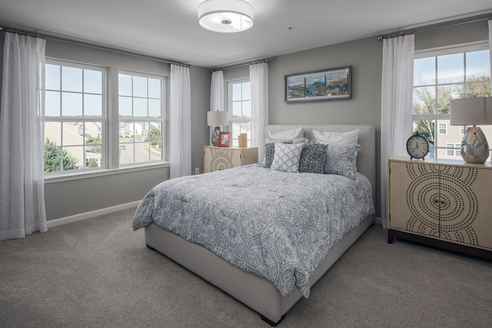 Example of a transitional carpeted and gray floor bedroom design in DC Metro with gray walls