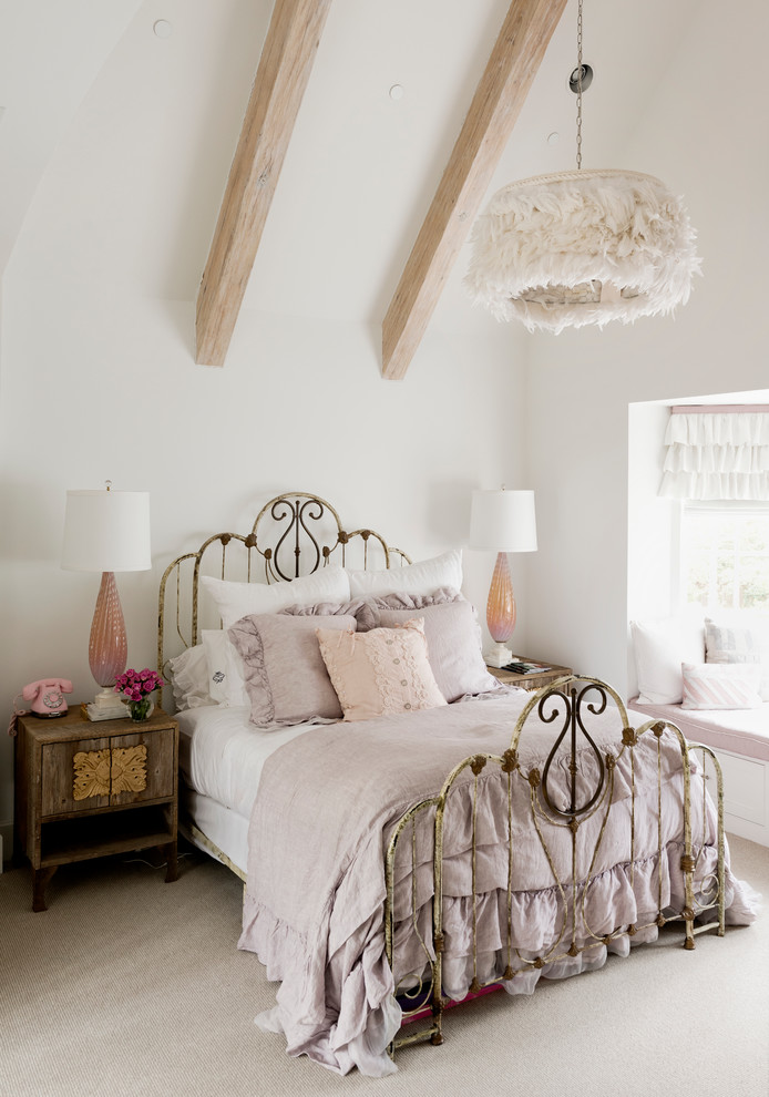 Inspiration for a shabby-chic style carpeted bedroom remodel in Houston with white walls