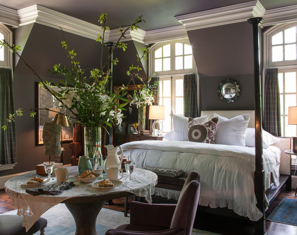 Bedroom - large traditional master medium tone wood floor bedroom idea in Atlanta with purple walls