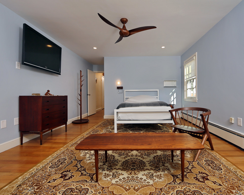 Photo of a medium sized retro master bedroom in Boston with blue walls, medium hardwood flooring and no fireplace.