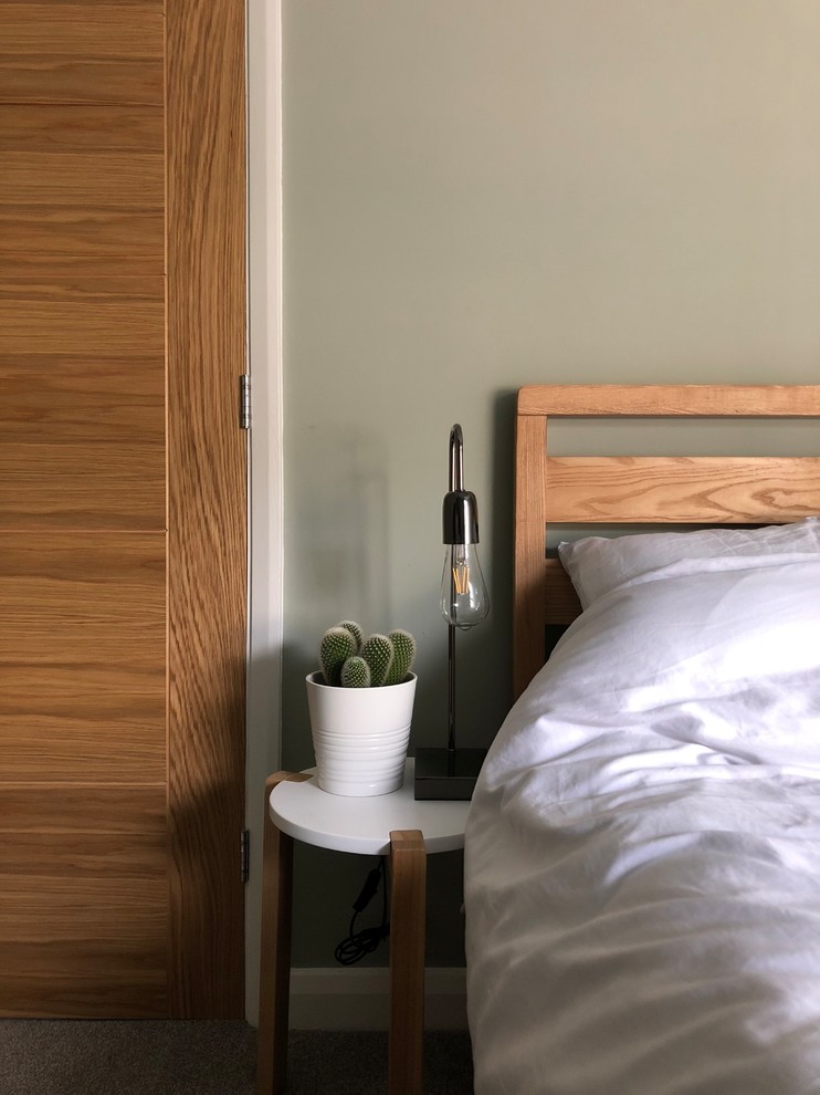 他の地域にある中くらいなミッドセンチュリースタイルのおしゃれな客用寝室 (緑の壁、カーペット敷き、グレーの床) のインテリア