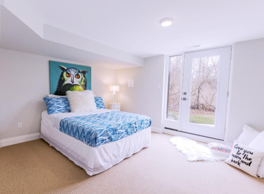 Imagen de habitación de invitados contemporánea de tamaño medio sin chimenea con paredes grises y moqueta