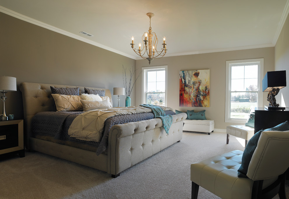 This is an example of a medium sized classic master bedroom in Other with beige walls and carpet.