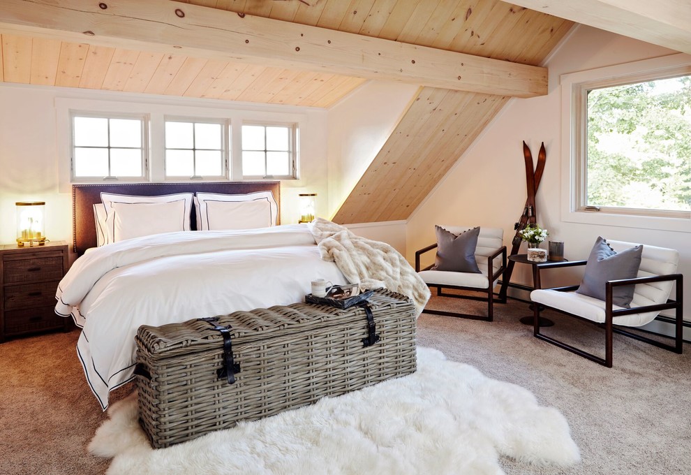 Esempio di una camera da letto rustica con pareti bianche, moquette e pavimento grigio