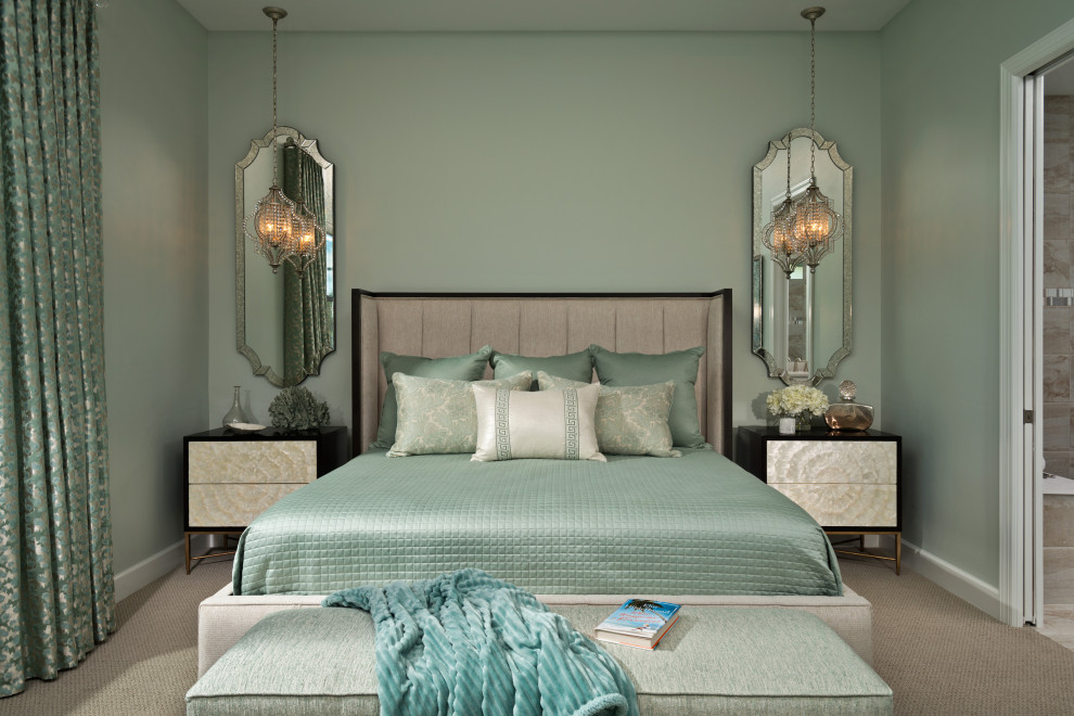 Bedroom - coastal carpeted and beige floor bedroom idea in Miami with green walls