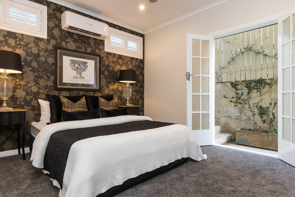 Inspiration for a classic cream and black bedroom in Brisbane with beige walls, carpet and grey floors.