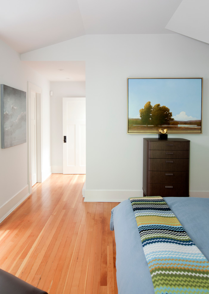 Diseño de habitación de invitados tradicional de tamaño medio con paredes blancas y suelo de madera clara