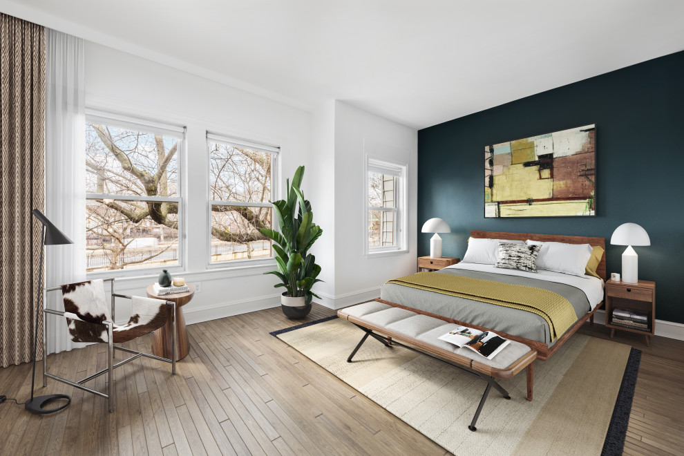 Источник вдохновения для домашнего уюта: хозяйская спальня среднего размера в стиле неоклассика (современная классика) с синими стенами, паркетным полом среднего тона и коричневым полом