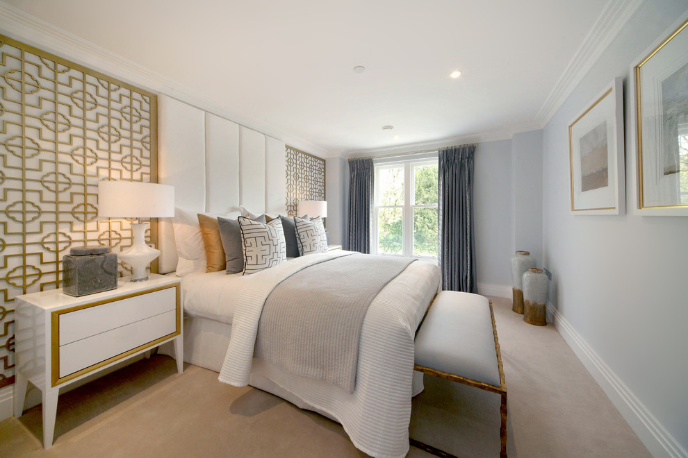 Design ideas for a traditional master bedroom in Other with grey walls, carpet, beige floors and a feature wall.