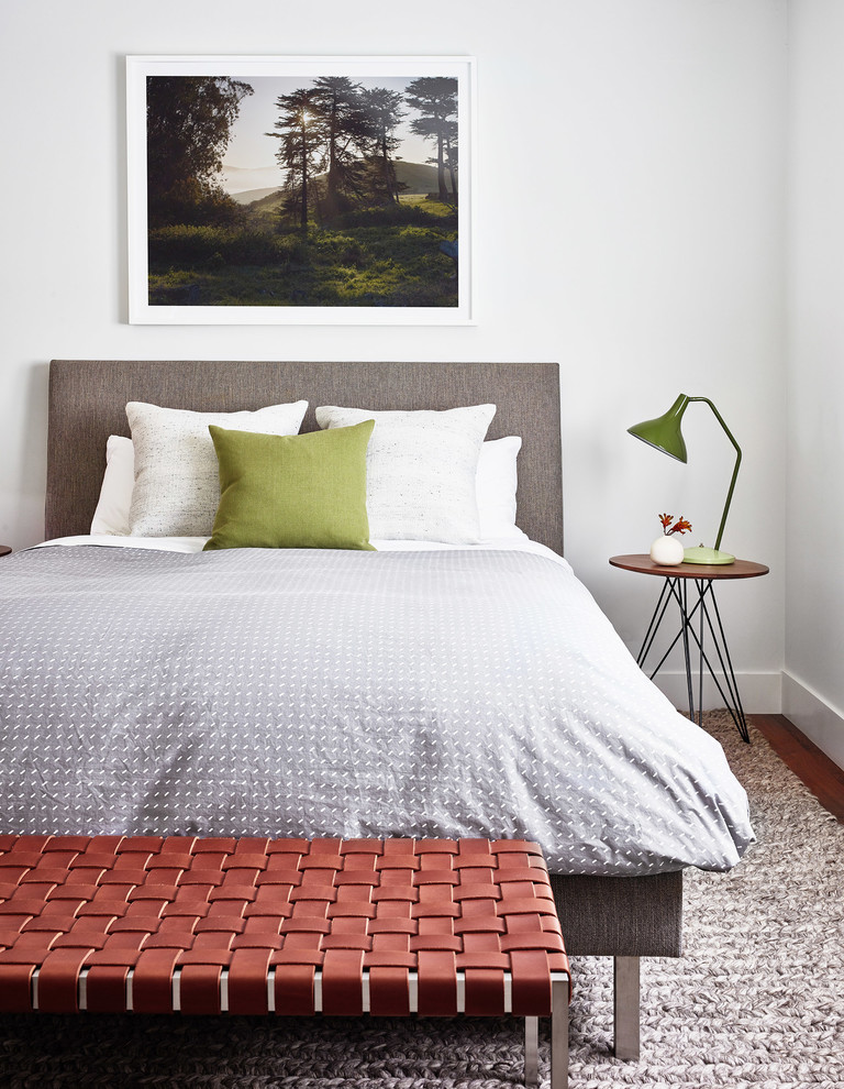 Foto di una camera da letto contemporanea di medie dimensioni con pareti bianche, pavimento in legno massello medio e pavimento marrone