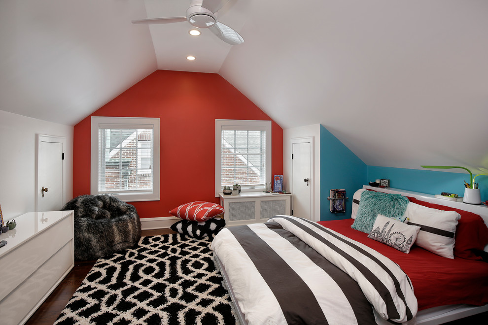 Eclectic dark wood floor bedroom photo in Chicago with red walls