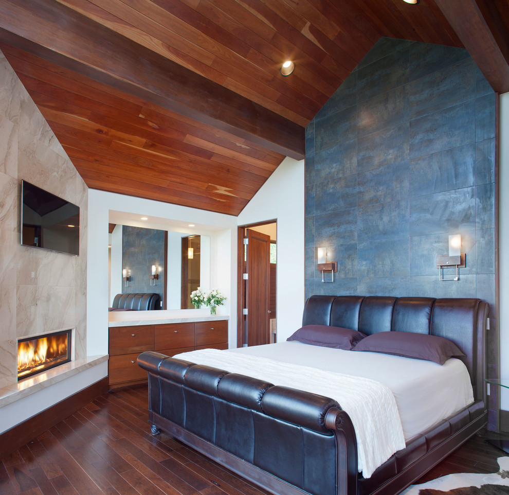 Cette image montre une chambre design avec parquet foncé et une cheminée ribbon.
