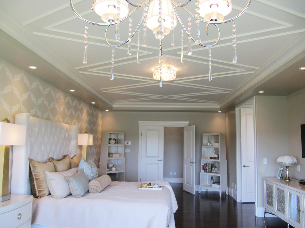 Large traditional master bedroom in Edmonton with grey walls, dark hardwood flooring and no fireplace.