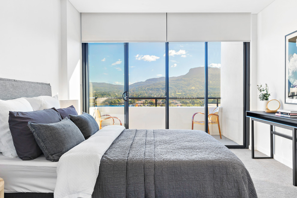 Design ideas for a contemporary guest bedroom in Wollongong with white walls, carpet and grey floors.