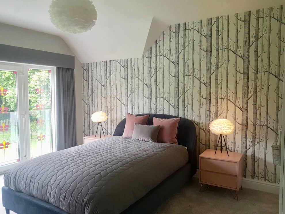 Large scandi guest and grey and pink bedroom in Hertfordshire with grey walls, carpet and grey floors.