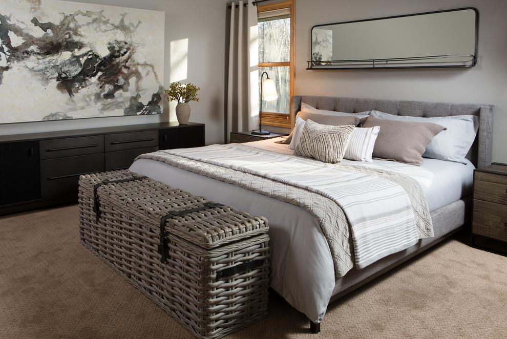 Inspiration for a transitional beige floor bedroom remodel in Other with white walls