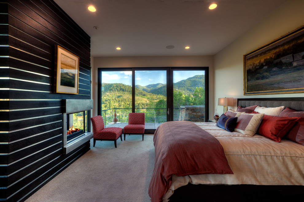 Huge trendy guest carpeted bedroom photo in Salt Lake City with a metal fireplace and a corner fireplace