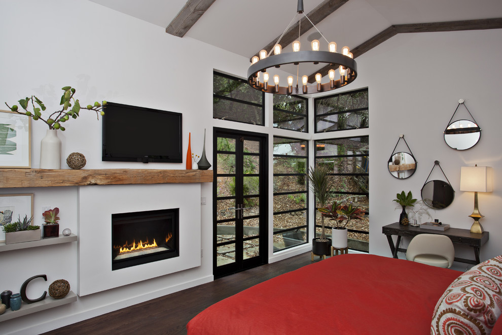 サンフランシスコにある広いコンテンポラリースタイルのおしゃれな寝室 (白い壁、濃色無垢フローリング、標準型暖炉) のインテリア
