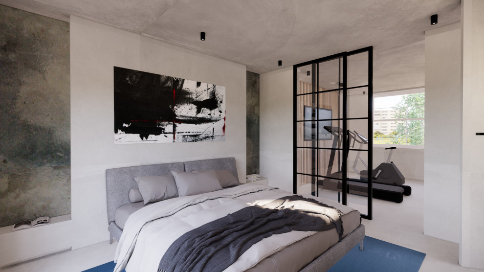 Идея дизайна: большая хозяйская спальня в скандинавском стиле с бетонным полом, серым полом и обоями на стенах
