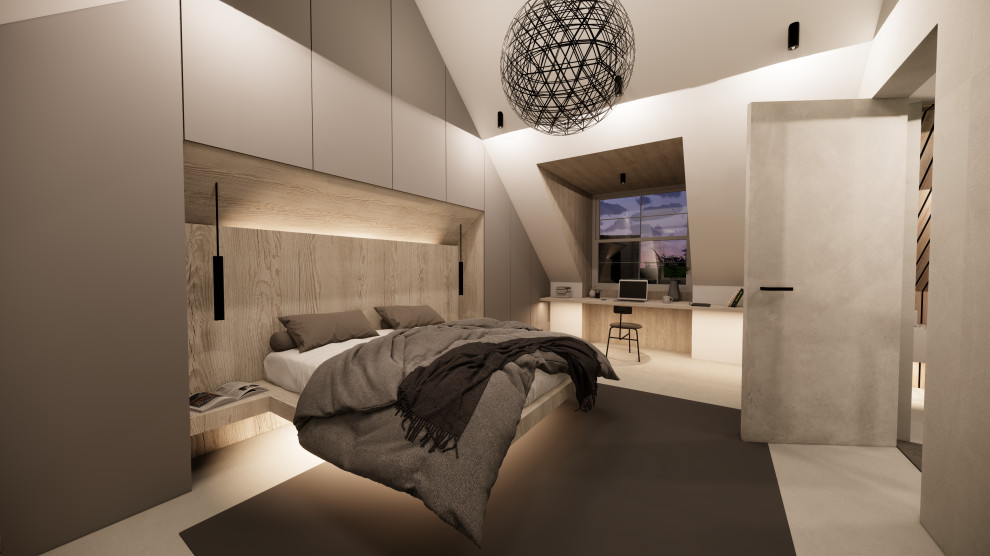 ロンドンにある広い北欧スタイルのおしゃれな主寝室 (コンクリートの床、グレーの床、板張り壁) のインテリア