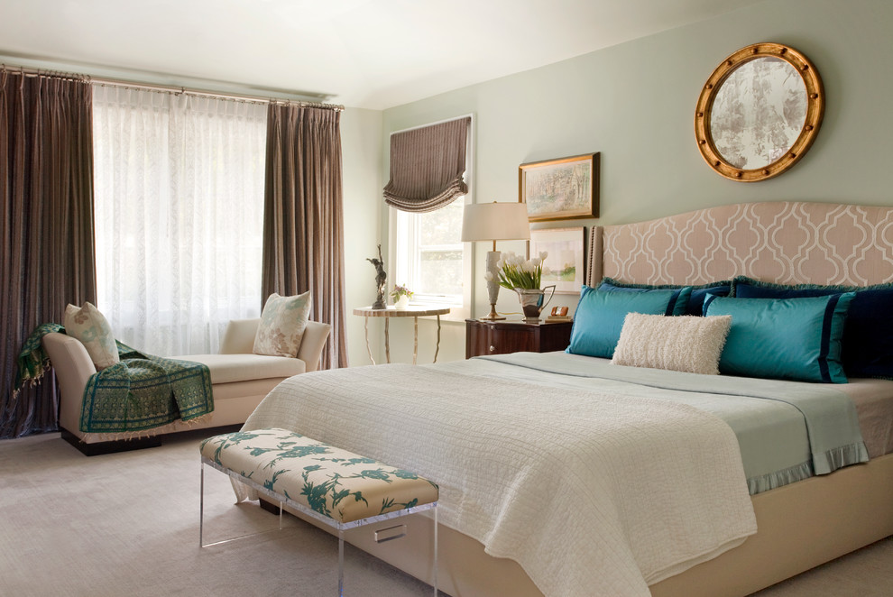 Inspiration for a large contemporary master carpeted bedroom remodel in San Francisco with green walls and no fireplace