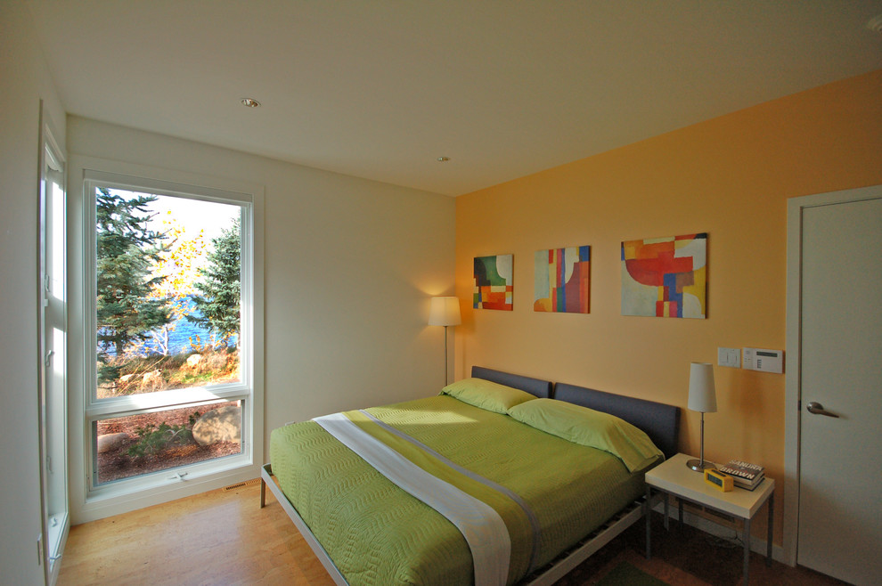ミネアポリスにあるコンテンポラリースタイルのおしゃれな客用寝室 (淡色無垢フローリング、オレンジの壁、アクセントウォール) のレイアウト