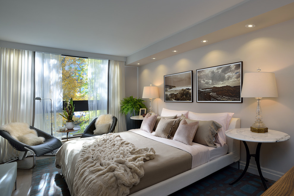 Diseño de dormitorio principal clásico renovado de tamaño medio con paredes grises y suelo de madera clara
