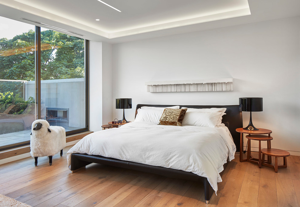Eklektisches Schlafzimmer ohne Kamin mit weißer Wandfarbe und hellem Holzboden in Toronto