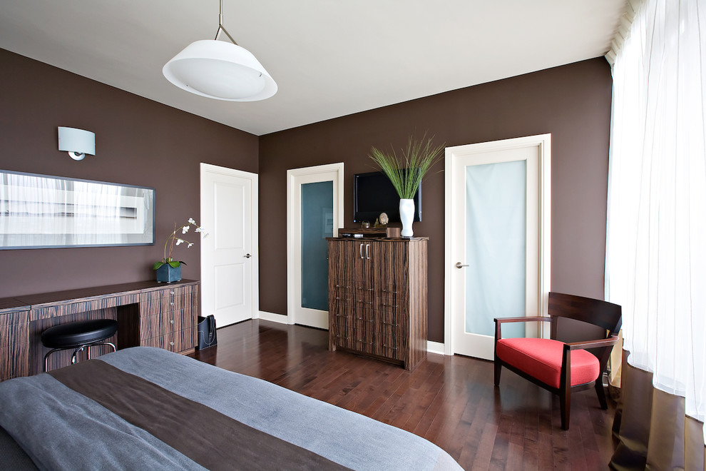 Bedroom - traditional dark wood floor and brown floor bedroom idea in Toronto with brown walls