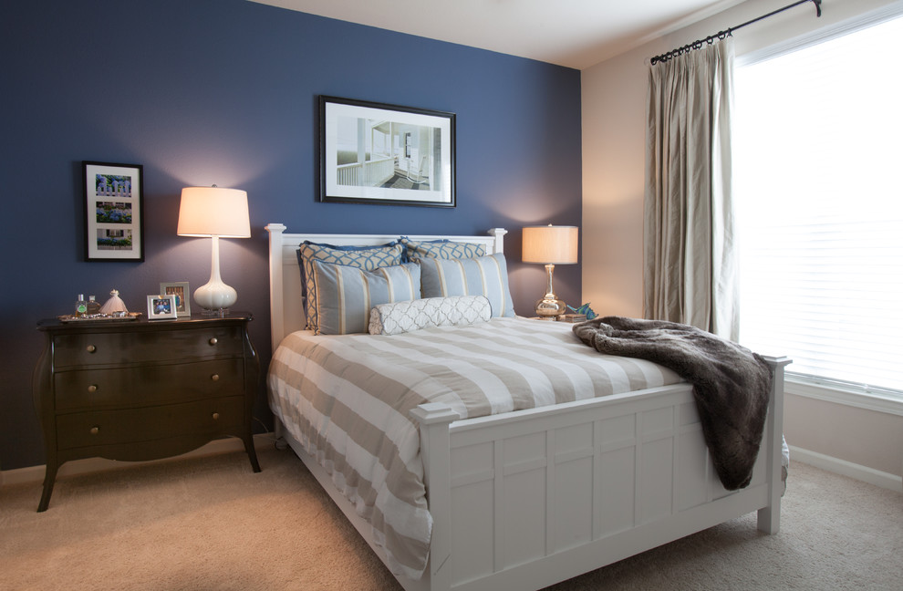 Пример оригинального дизайна: маленькая хозяйская спальня в классическом стиле с синими стенами и ковровым покрытием для на участке и в саду