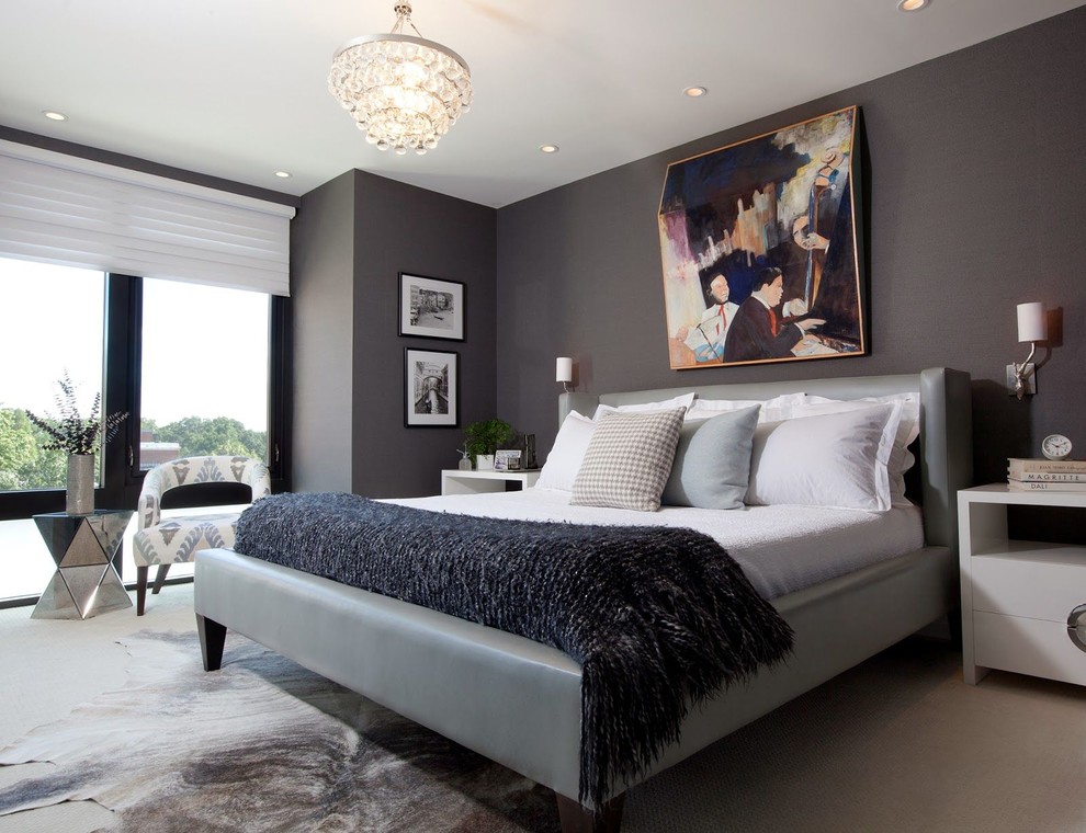 Idee per una camera da letto contemporanea con pareti grigie e moquette