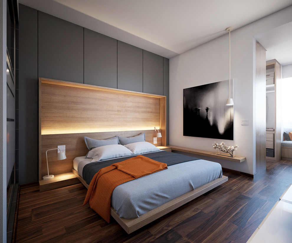 Стильный дизайн: спальня в современном стиле с темным паркетным полом, коричневым полом и белыми стенами без камина - последний тренд