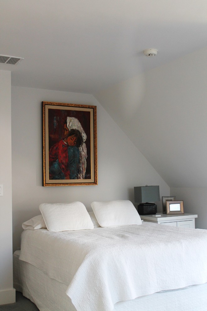 Cette image montre une chambre avec moquette traditionnelle avec un mur blanc.